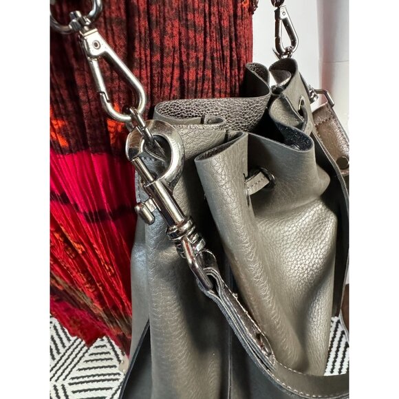 Neiman Marcus Gray Leather Look Drawstring Crossbody Bag Adjustable Strap - Picture 3 of 16